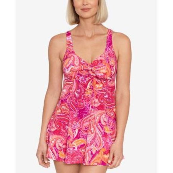 NWT Swim Solutions Printed Tummy-Control Bow-Front Swimdress Paisley Patch - Picture 1 of 3